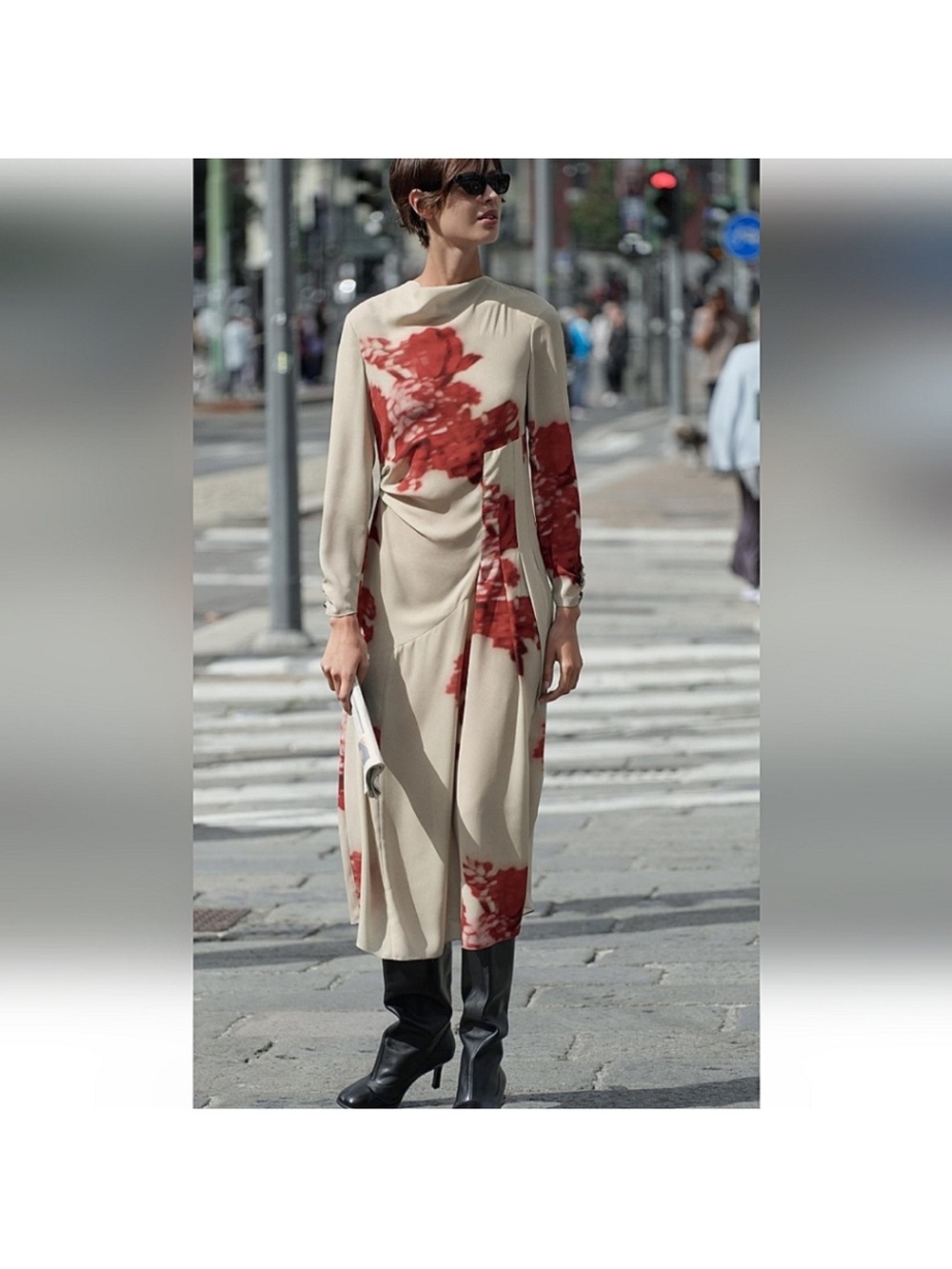 Zara Beige Midi Dress with Red Floral Motif